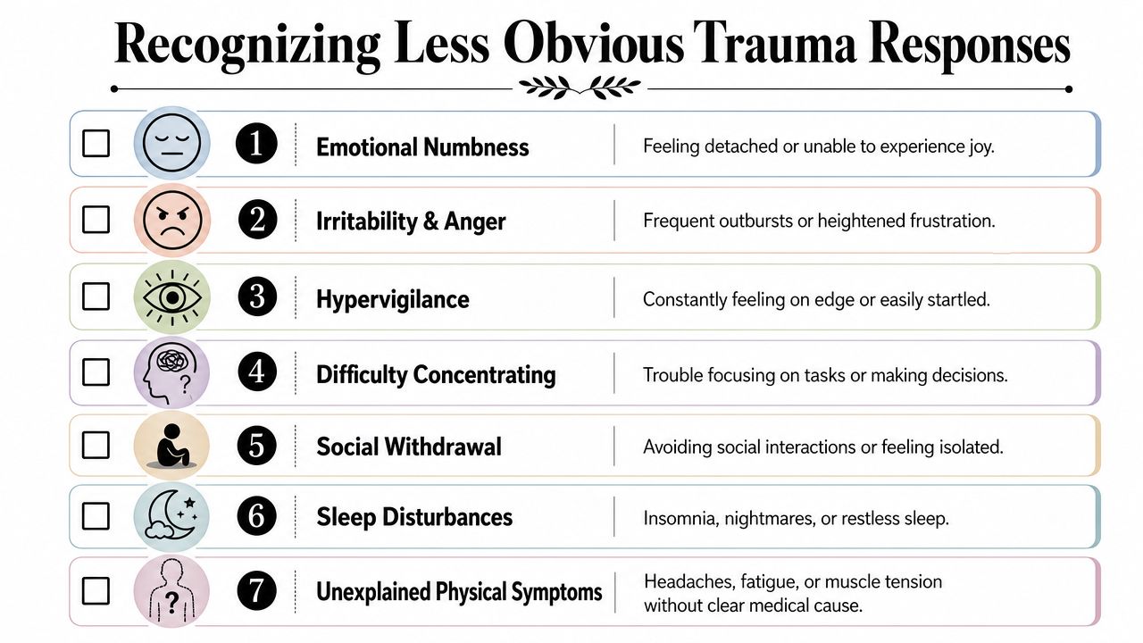 A list titled Recognizing Less Obvious Trauma Responses, detailing seven common signs of psychological trauma for awareness.