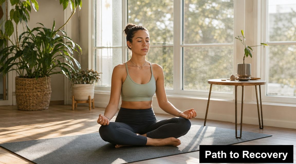 A woman with her eyes closed in a peaceful lotus position while meditating on a yoga mat
