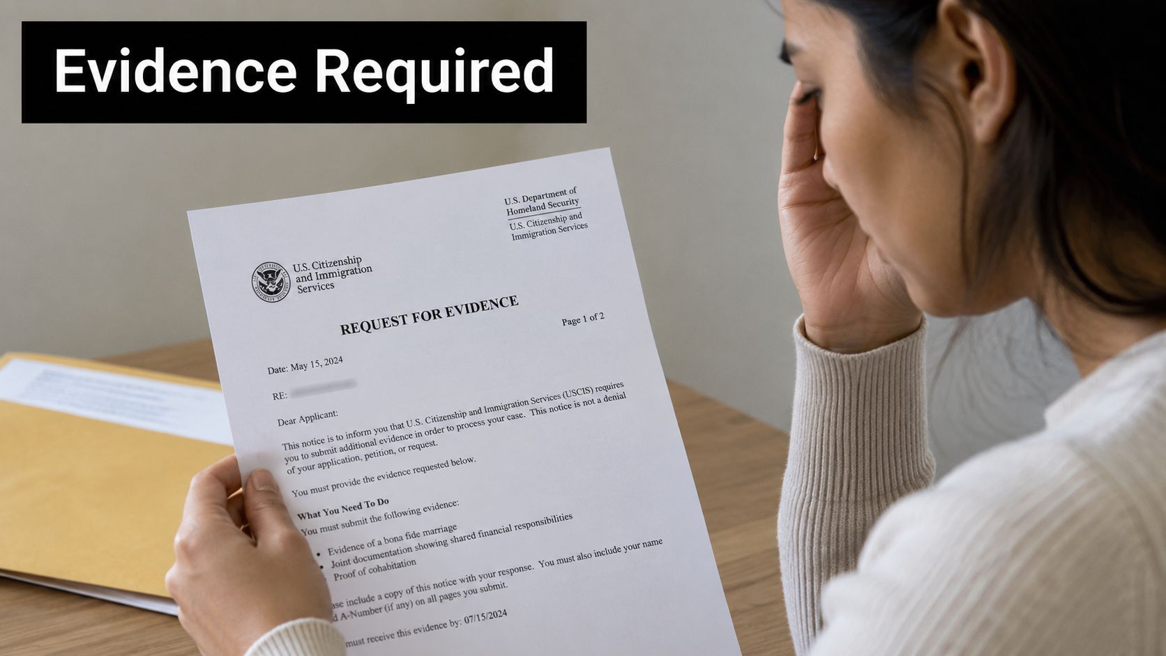 A woman holding a USCIS Request for Evidence letter while feeling stressed about her immigration application.