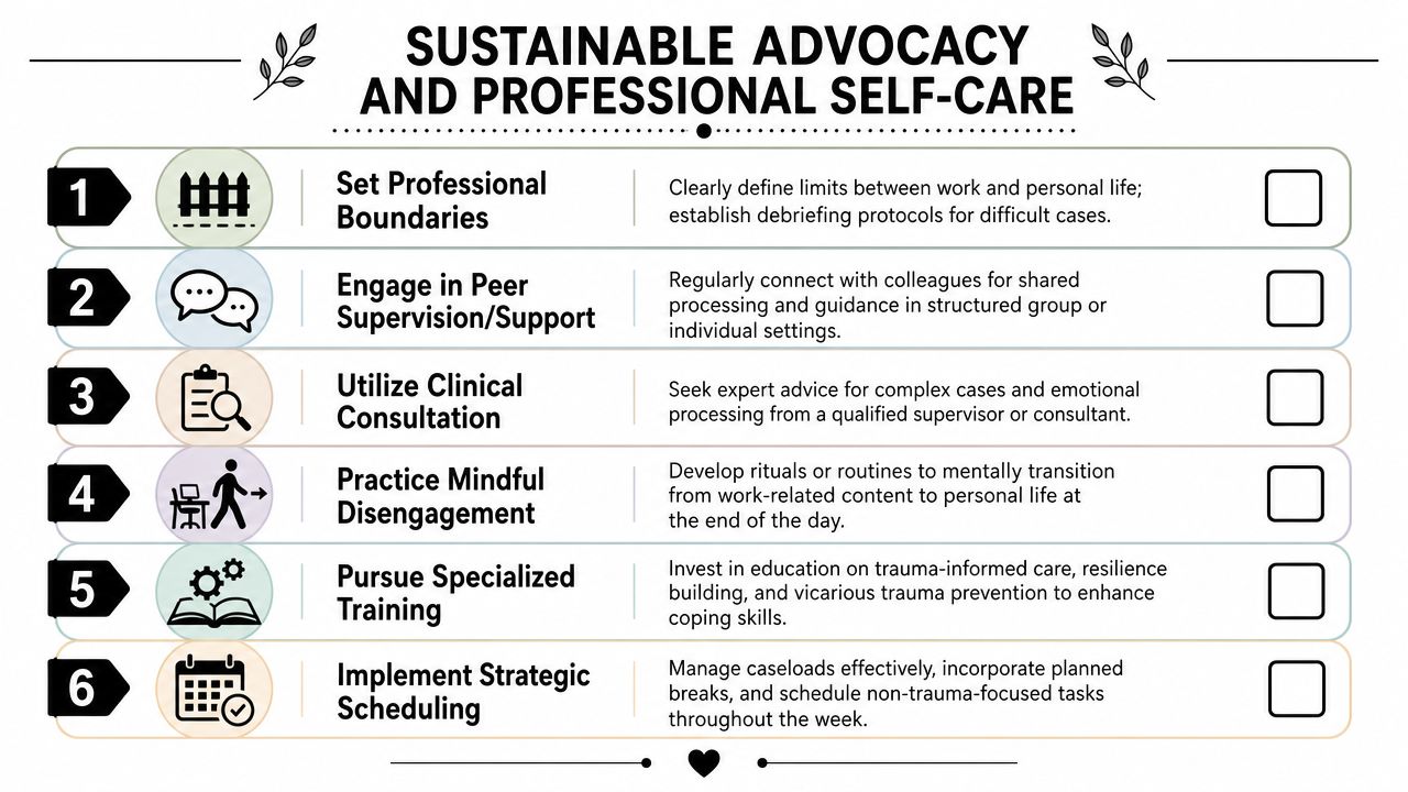 An infographic list outlining six essential strategies for sustainable professional self-care and preventing vicarious trauma symptoms.