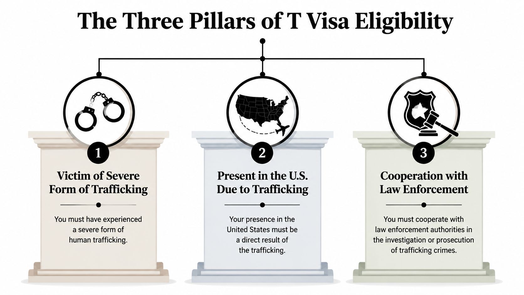 An infographic detailing the three main requirements for T Visa eligibility in the United States.