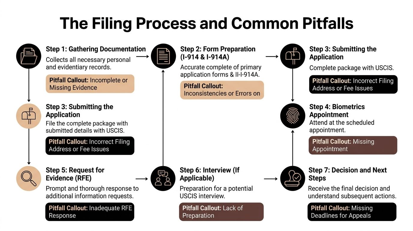 A flow chart detailing the USCIS visa application filing process and common pitfalls to avoid.