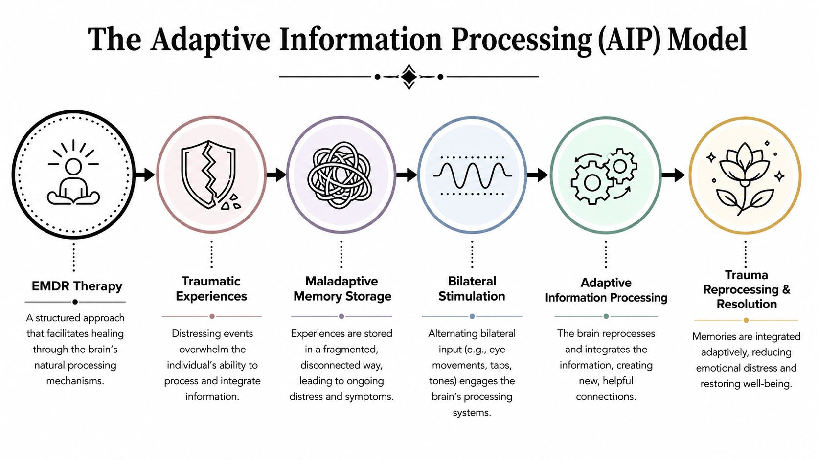 A diagram illustrating the Adaptive Information Processing model and steps involved in EMDR therapy.