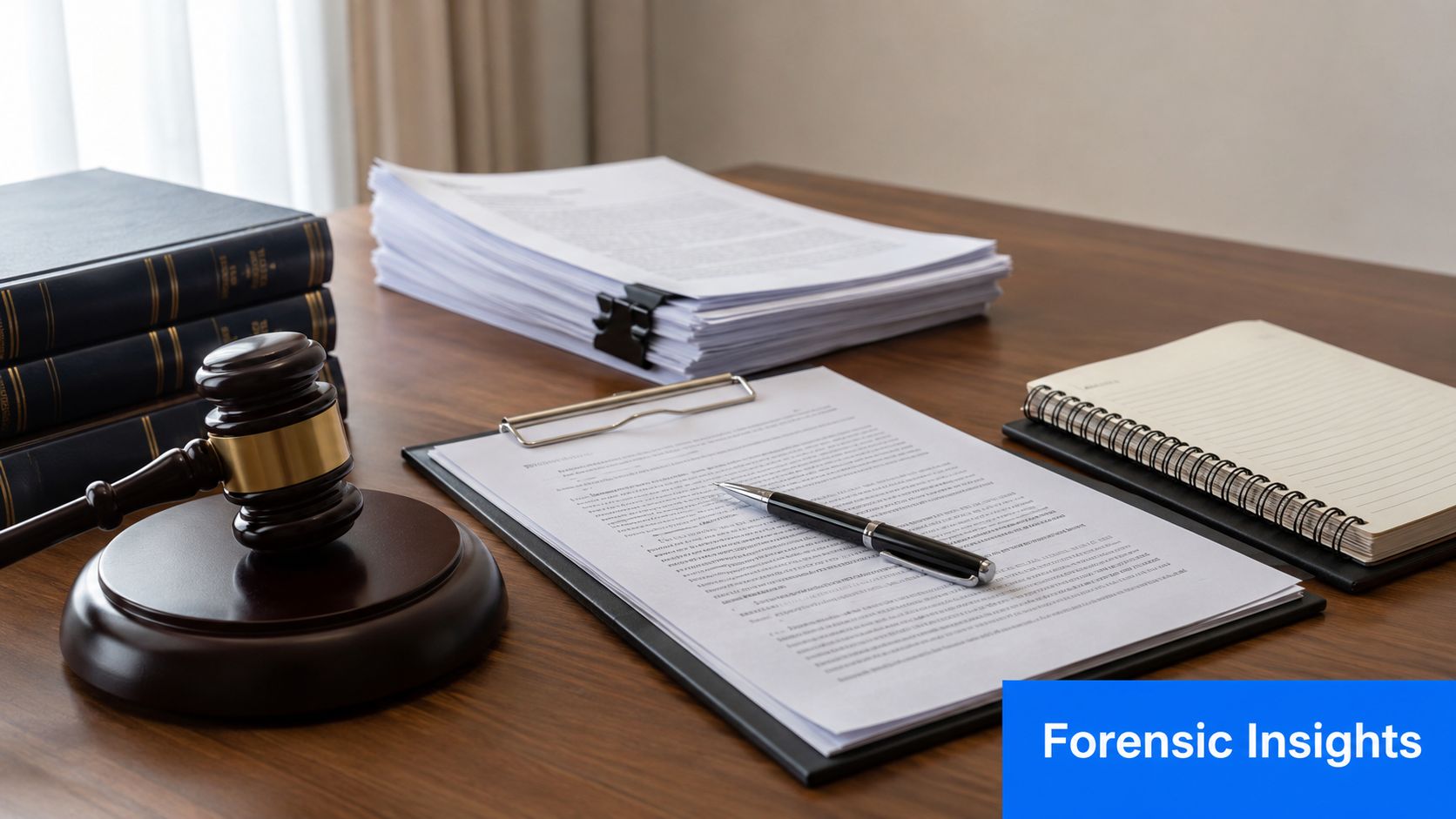 A wooden gavel resting on a table beside legal documents and a notebook in a lawyer office.