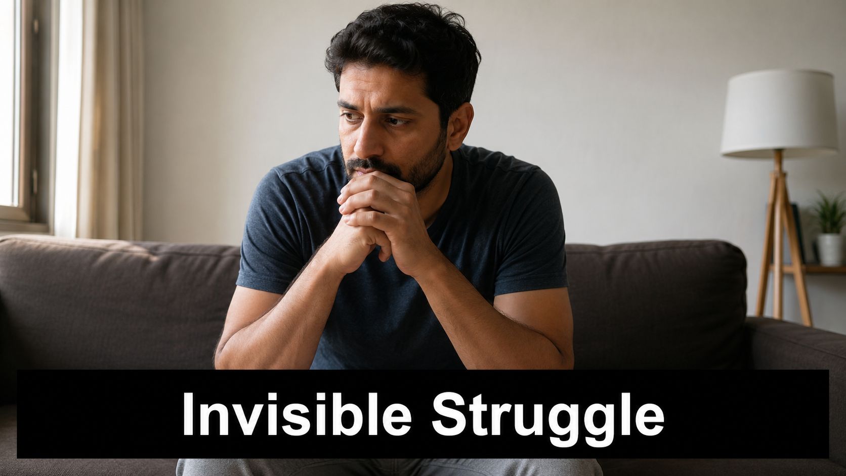 A pensive man sitting on a sofa looking down, representing the concept of invisible struggle and mental health.
