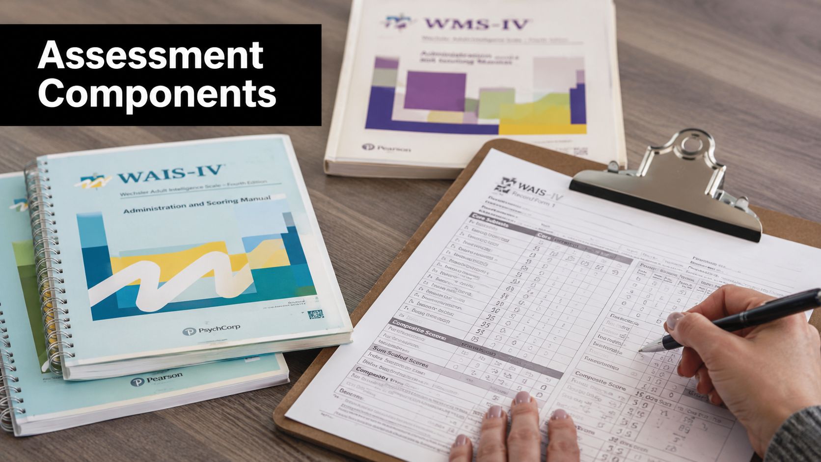 A professional psychologist recording test scores on a WAIS-IV evaluation form during an adult cognitive assessment.