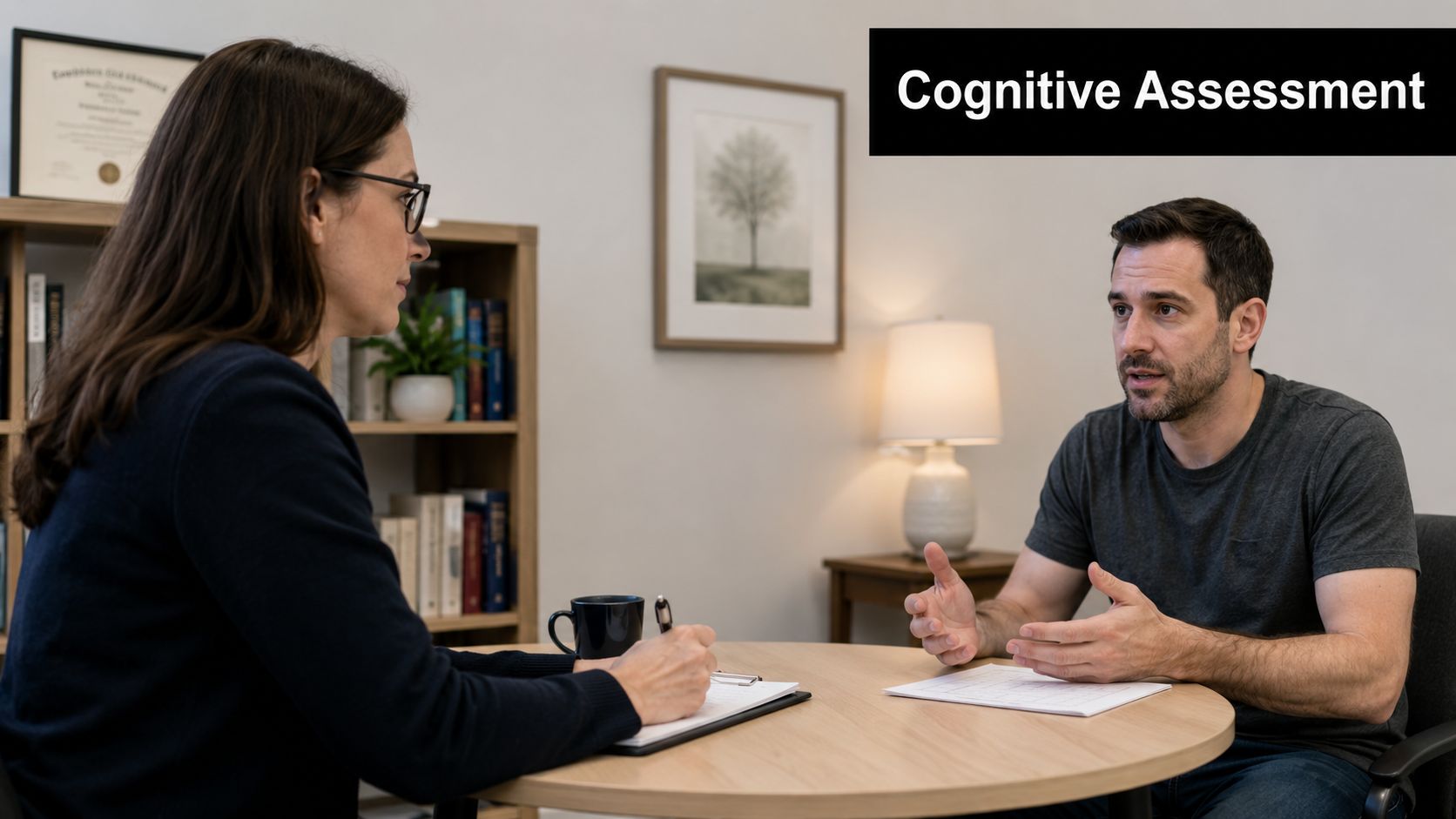 A professional therapist conducting a cognitive assessment with a male patient in a clinical office setting.