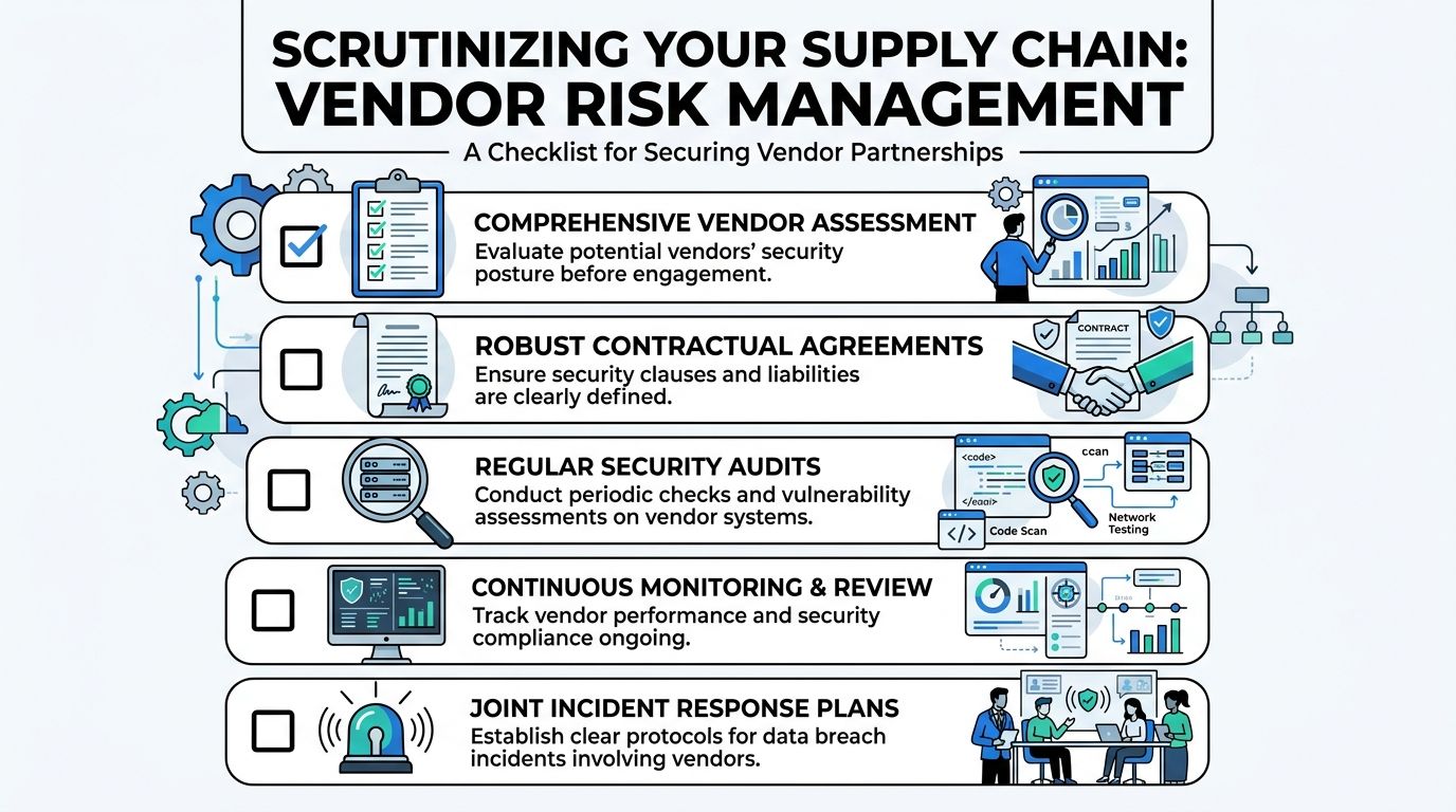 A checklist infographic titled Scrutinizing Your Supply Chain showing five key steps for effective vendor risk management.