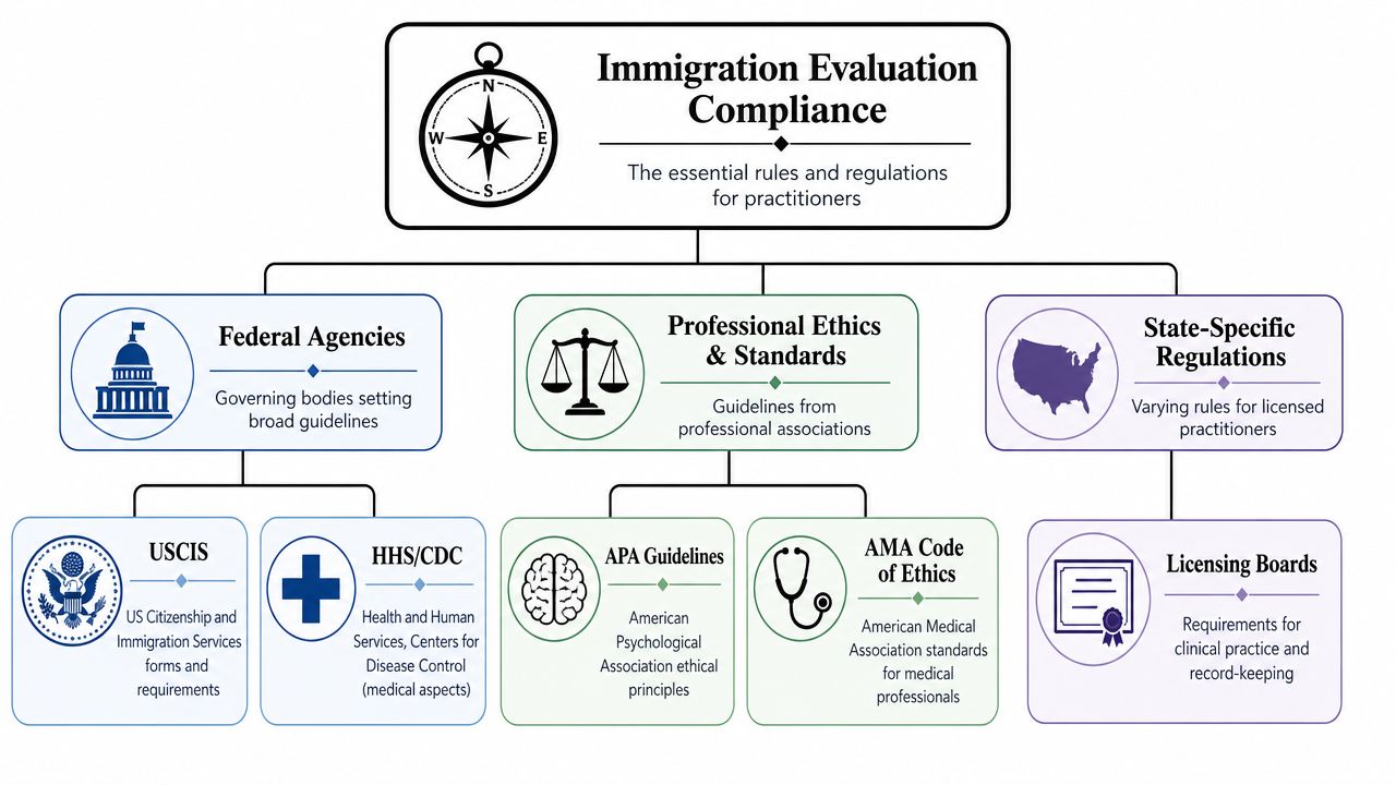 An infographic chart displaying the components of immigration evaluation compliance for healthcare and legal professionals.