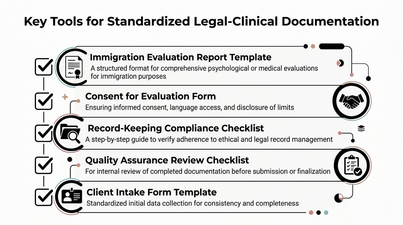 A diagram outlining key tools used for professional and standardized legal-clinical documentation in healthcare and immigration contexts.