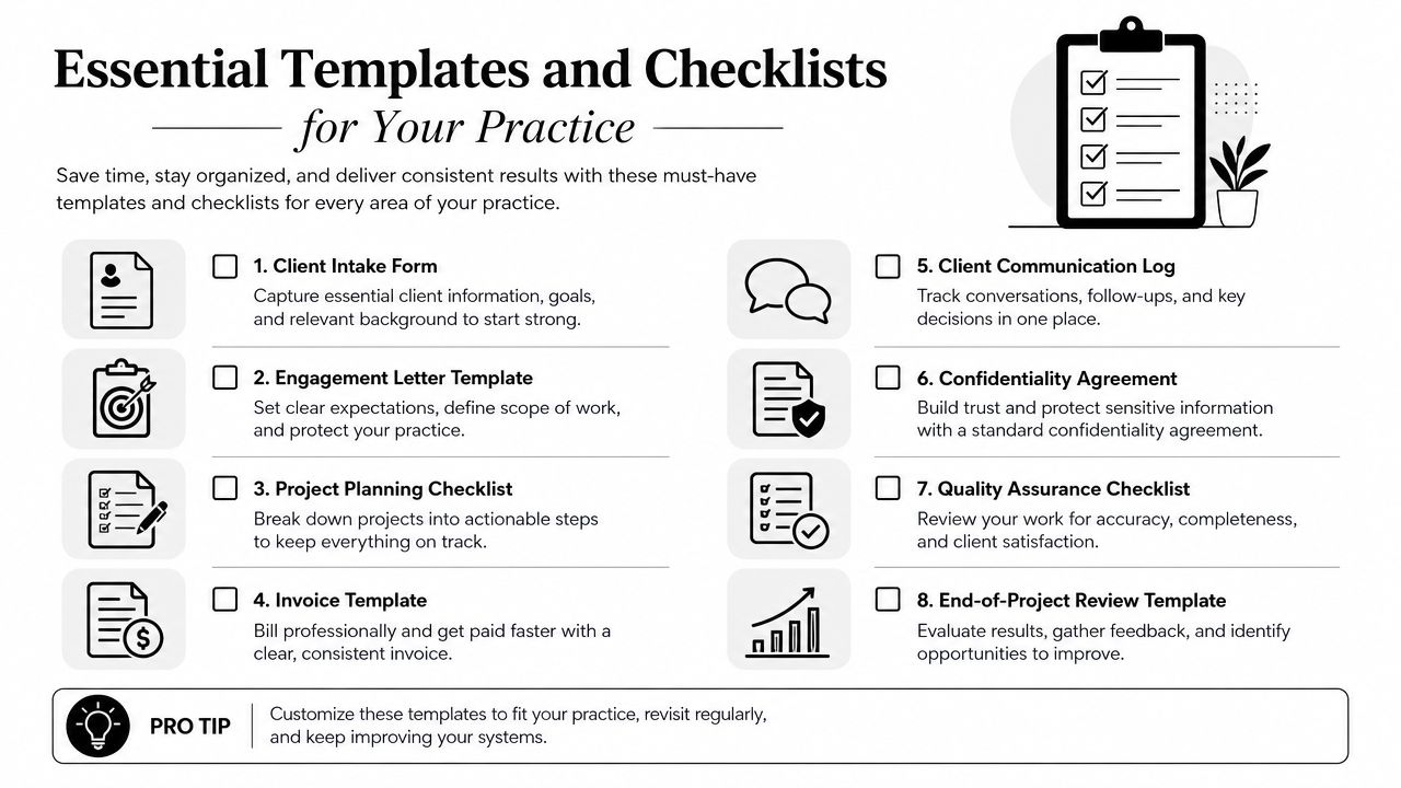 A professional checklist outlining eight essential business templates for practice management, organization, and improved workflow efficiency.