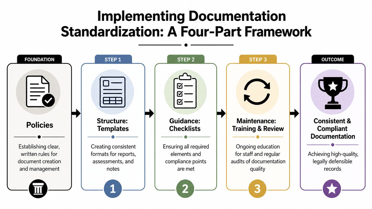 A four-part infographic illustrating a framework for implementing documentation standardization through policies, templates, checklists, and regular maintenance.