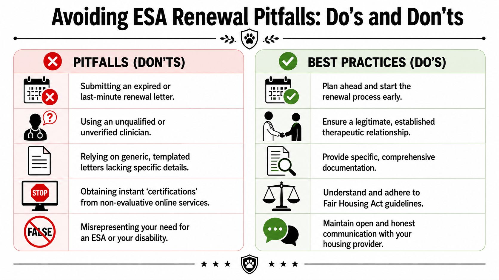 A table outlining do's and don'ts for emotional support animal letter renewals to ensure compliance.