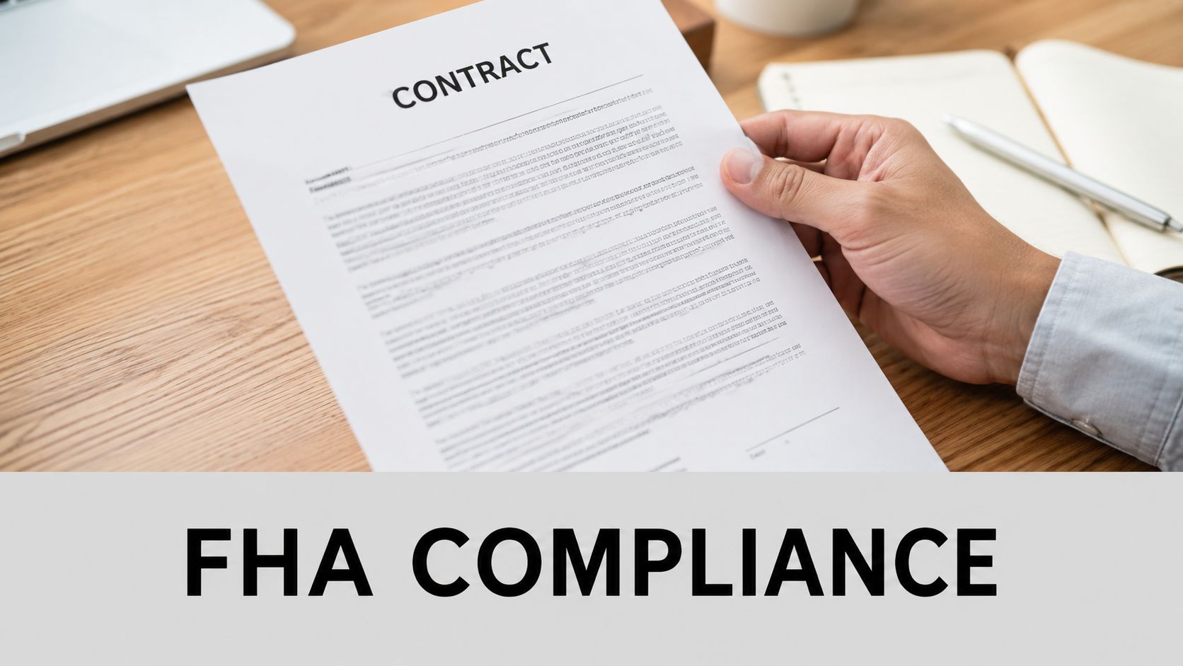 A person reviewing a contract document on a wooden office desk for FHA compliance purposes.