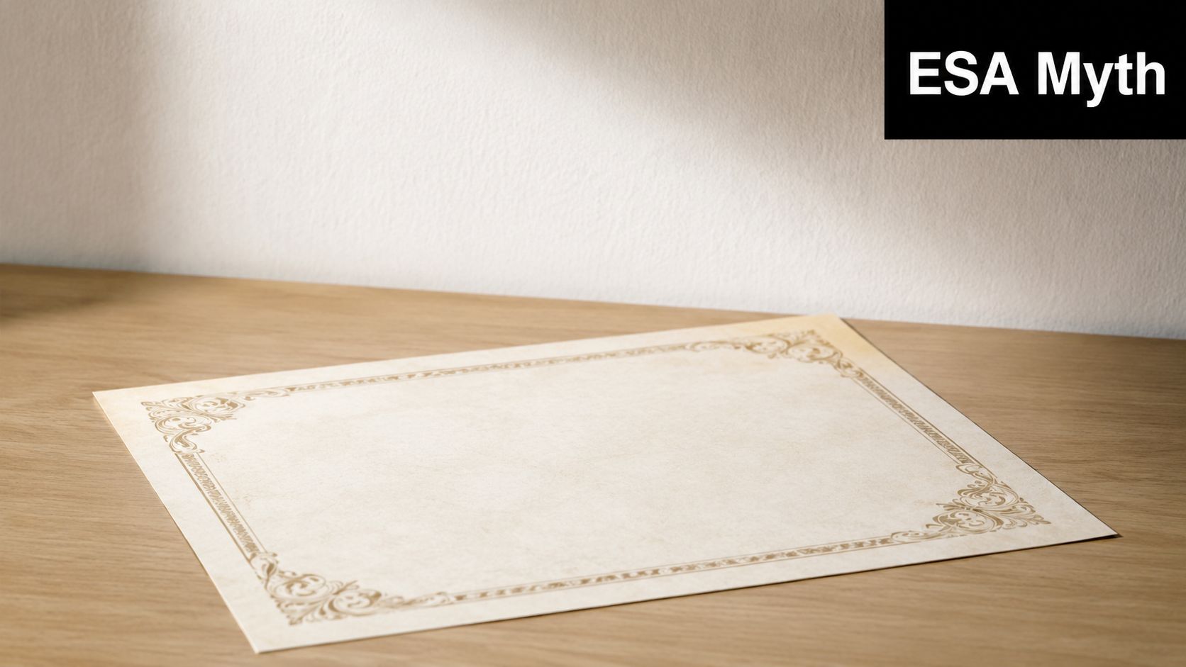 A blank, ornate certificate paper template resting on a clean wooden desk surface.