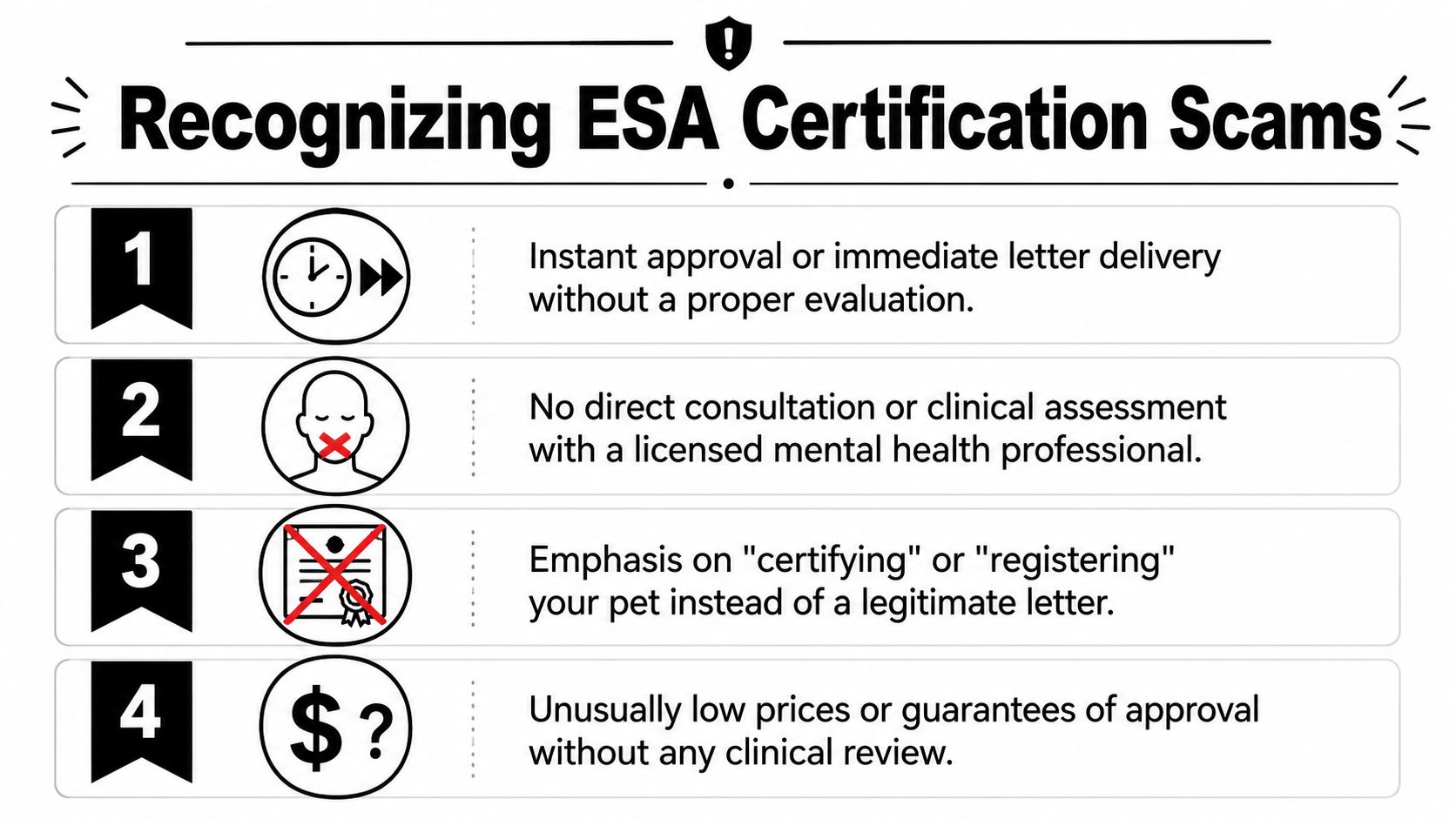 An infographic titled Recognizing ESA Certification Scams with four points highlighting common signs of fraudulent services.