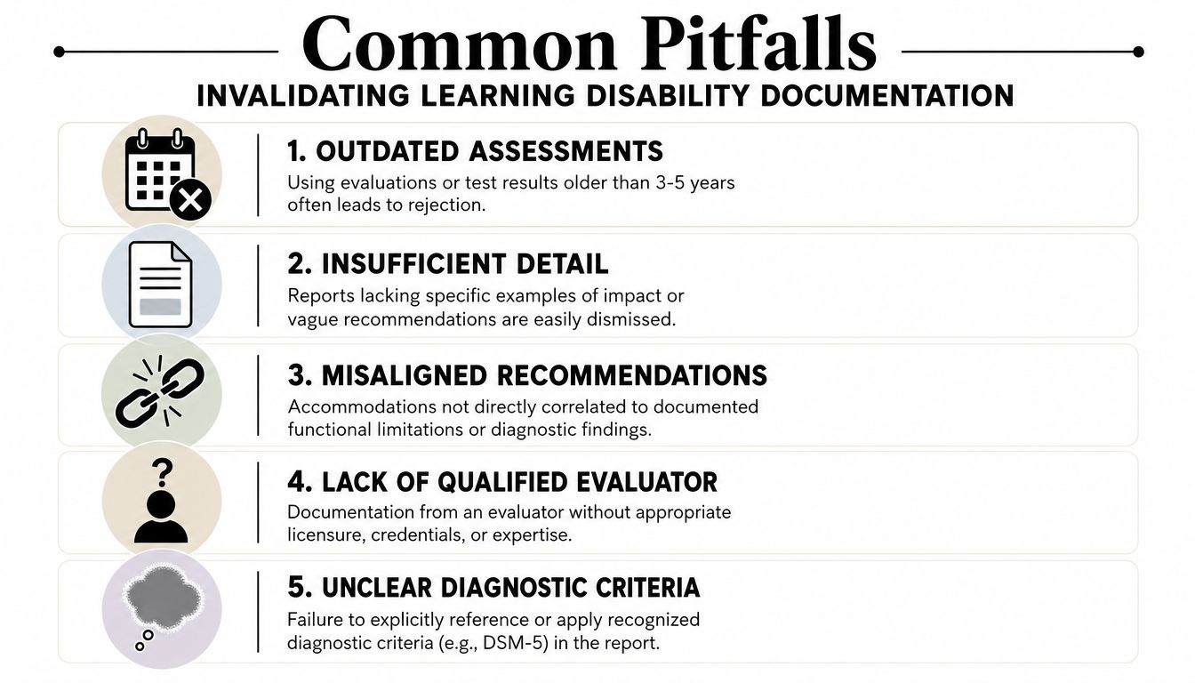 A list of five common pitfalls that cause learning disability documentation to be invalidated by institutions.
