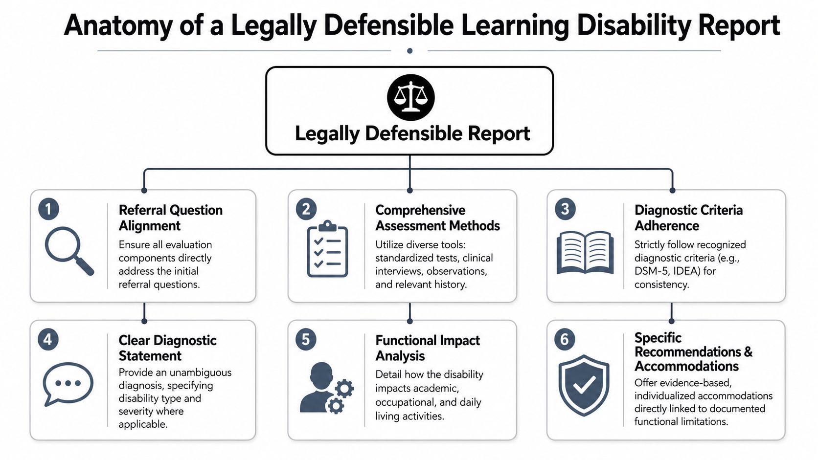 An infographic titled Anatomy of a Legally Defensible Learning Disability Report, listing six key requirements for professionals.