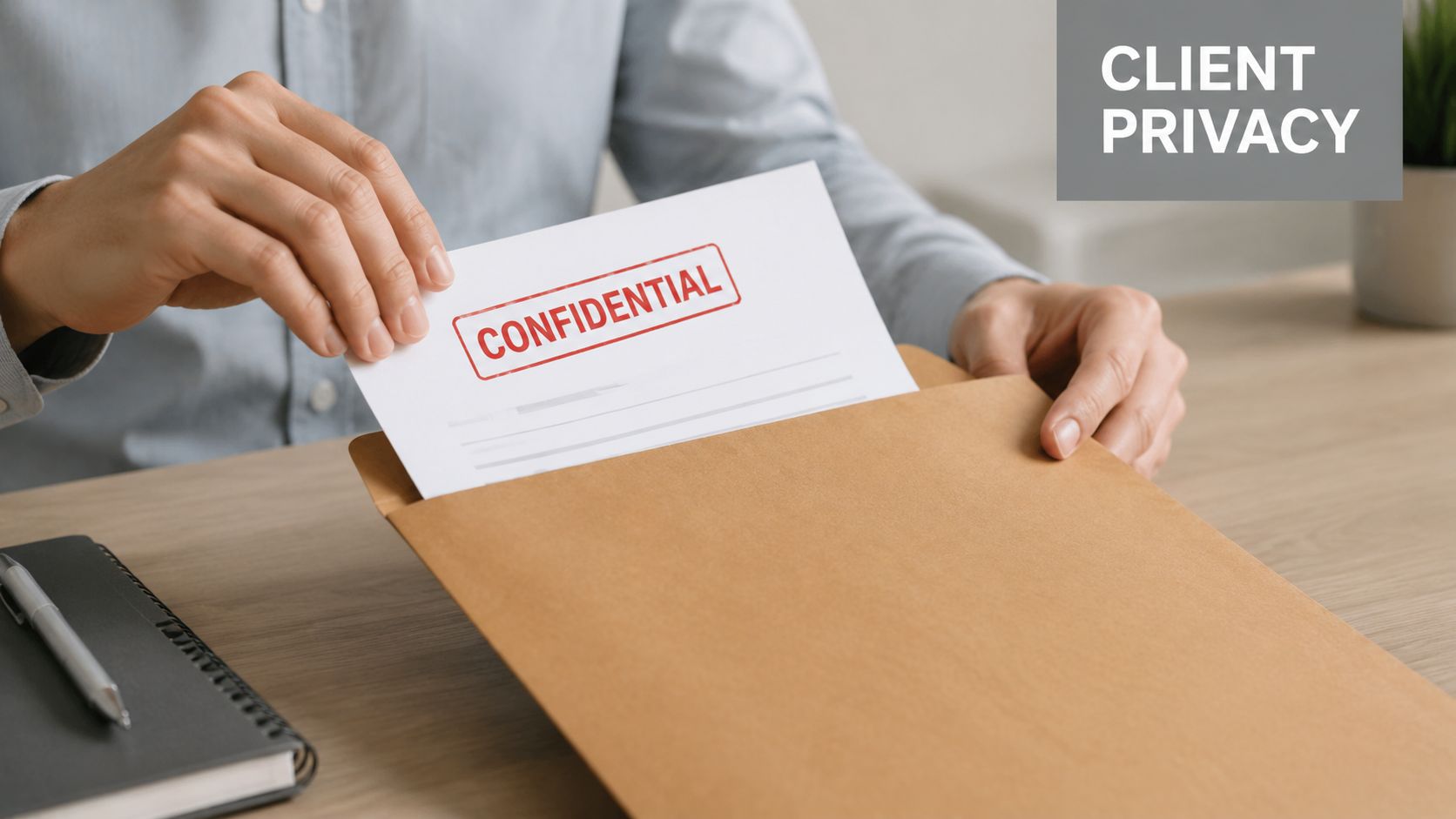 A person in a professional shirt inserts a document stamped confidential into a large brown envelope.