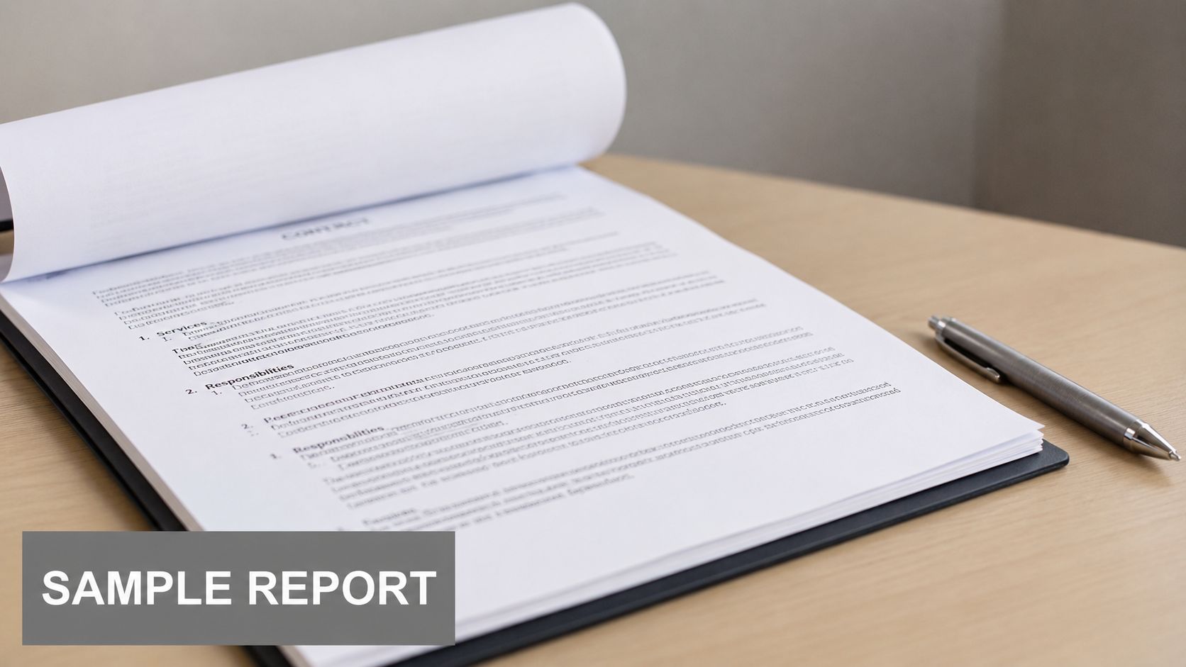 A professional document on a clipboard with a metal pen resting on a wooden desk.