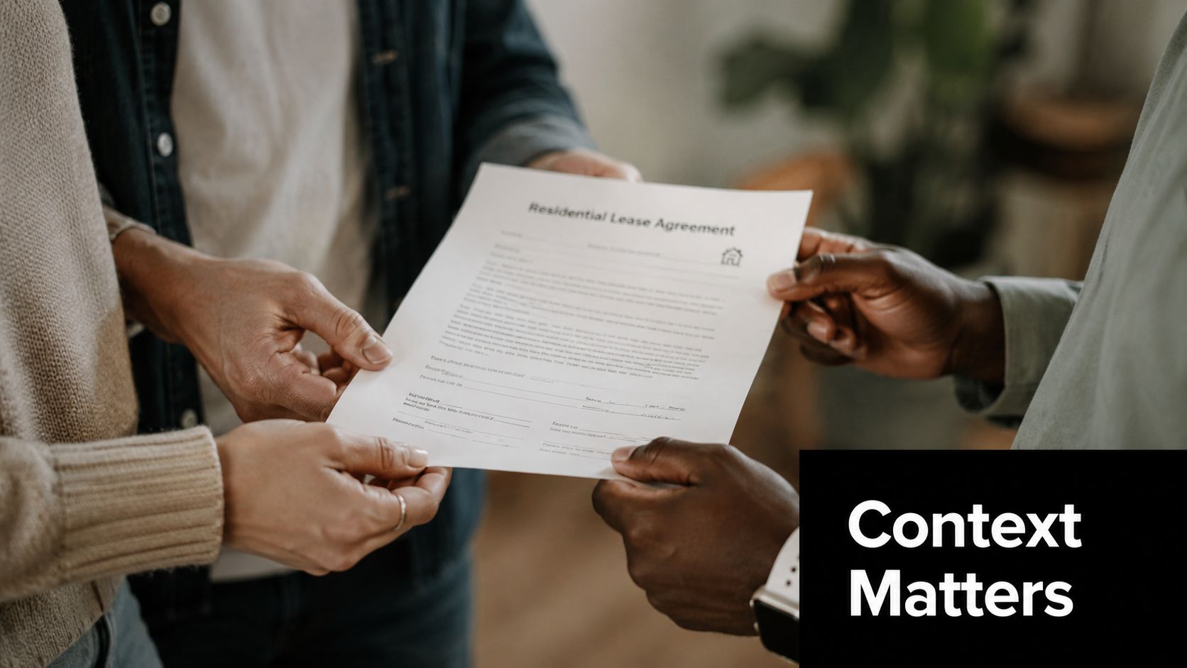Two people hands holding a residential lease agreement document during a meeting between a landlord and tenant.