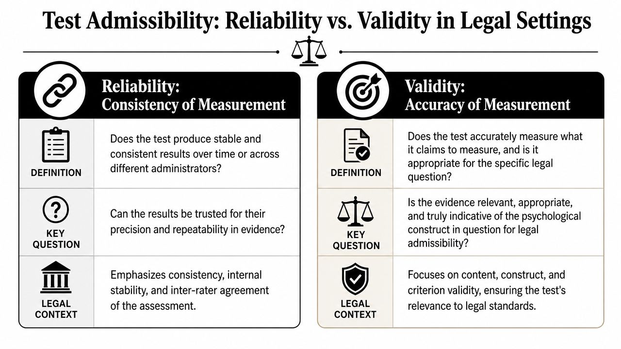 A comparison chart explaining the concepts of reliability and validity for psychometric testing in legal settings.