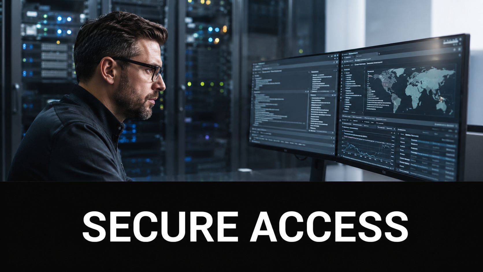 A professional IT specialist monitoring server network security operations on dual computer monitors in a data center.