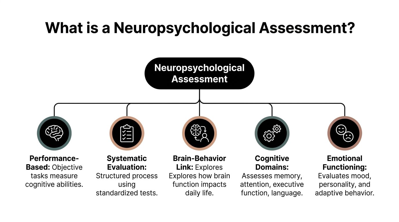A diagram illustrating the key components of a neuropsychological assessment including performance-based, systematic evaluation, and behavioral aspects.